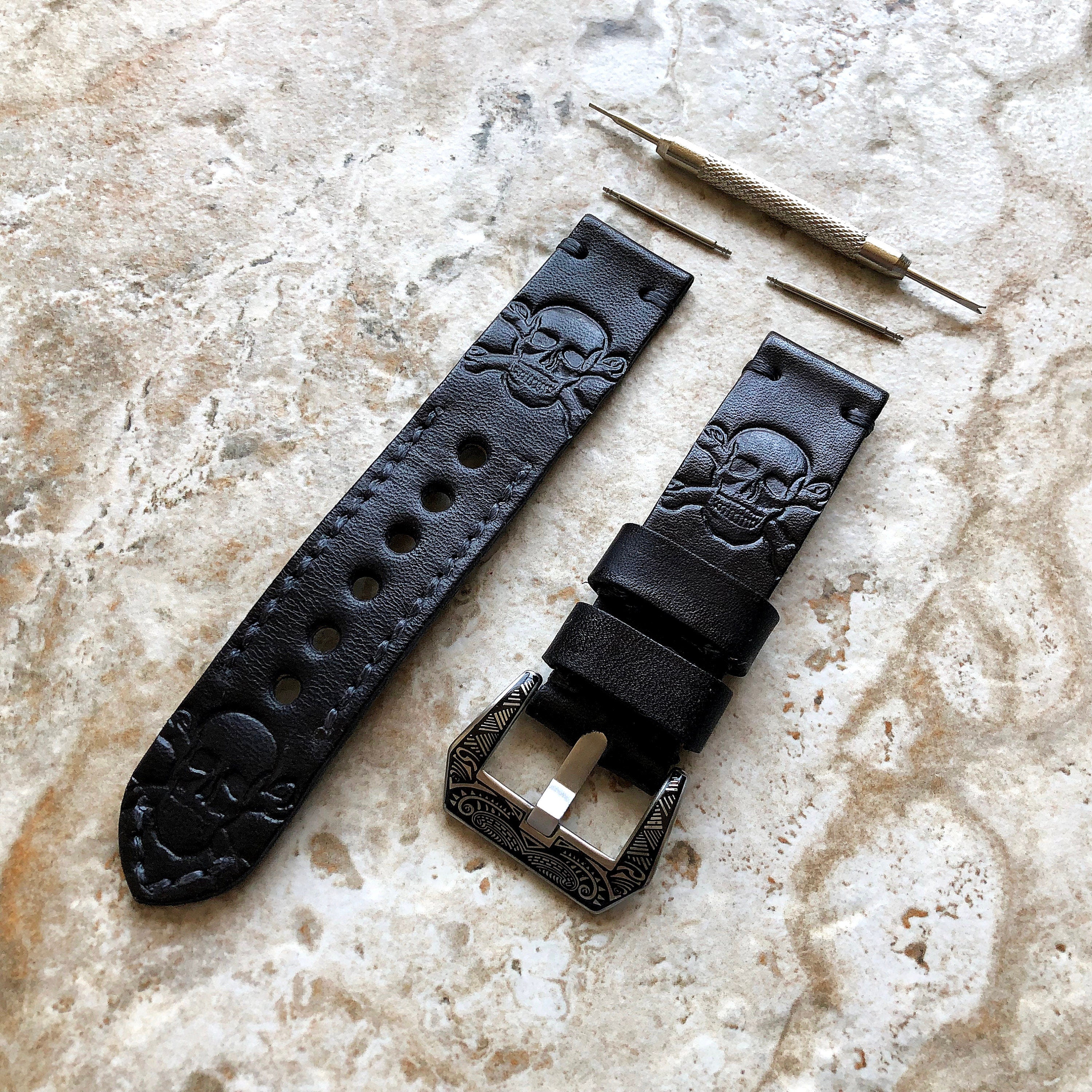 Skull X Bones Band 22mm 24mm 25mm Handmade Black Genuine Leather Tooled Embossed Engraved Strap Bracelet Kit for Watches - Pins Buckle Tool